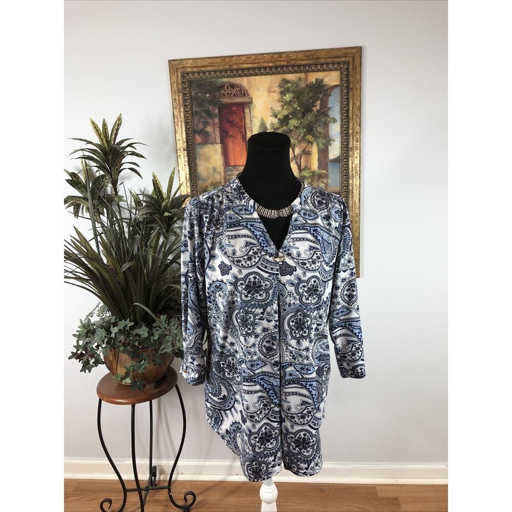 Valolia XL Blue Paisley Long Sleeve Tunic V-Neck Stretch Pullover Blouse Women‎